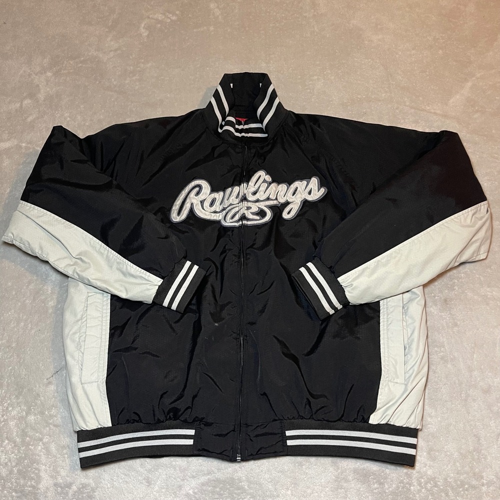 Rawlings Jacket Mens XL Black White Full Zip Nylon Baseball Bomber Retro Y2K